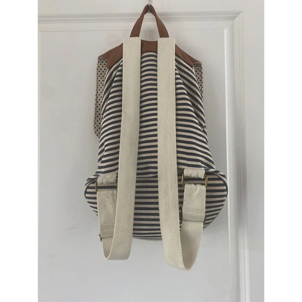 Madden Girl Striped Canvas Backpack Blue White Lace Brown Faux‎ Leather Boho Bag